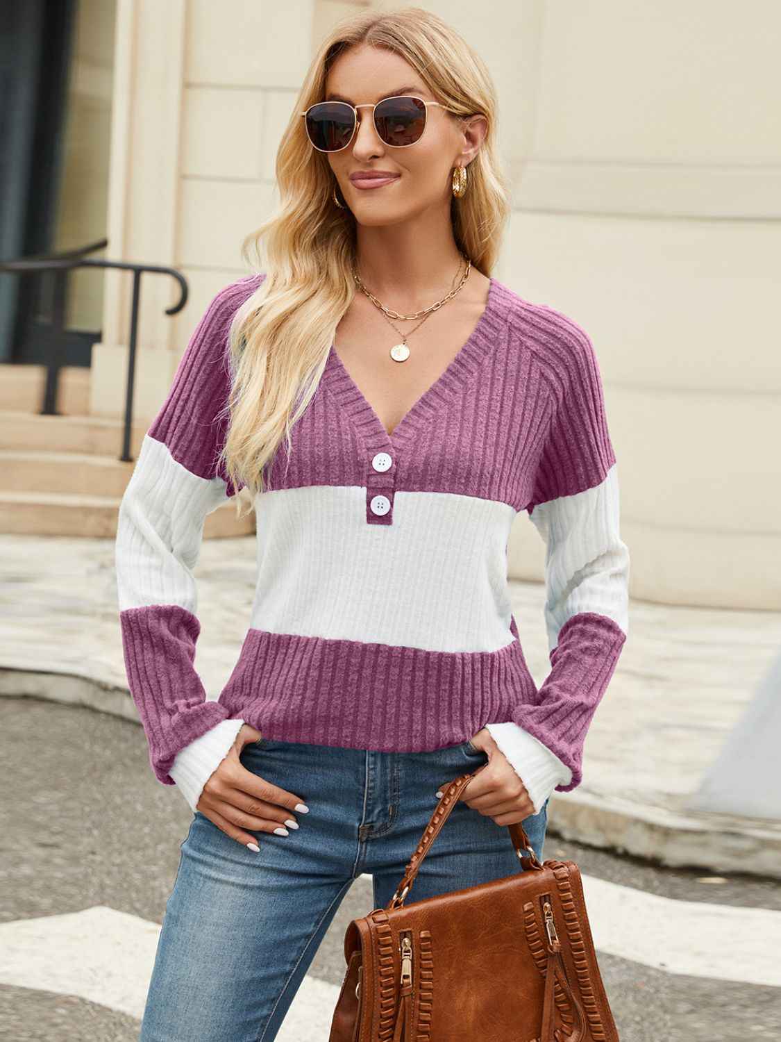 Color Block V-Neck Long Sleeve T-Shirt - Lojy Shop