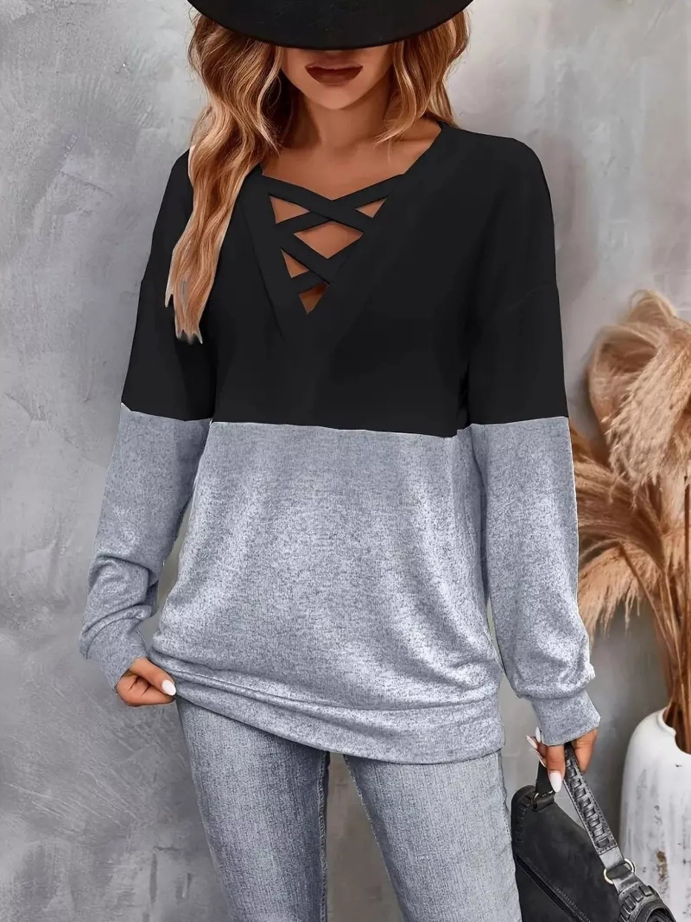 Crisscross V-Neck Color Block Long Sleeve T-Shirt