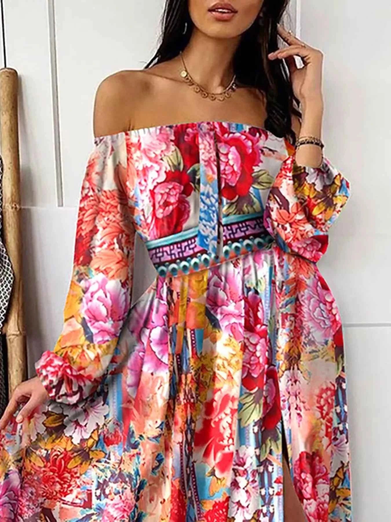 Slit Printed Off Shoulder Maxi Dress