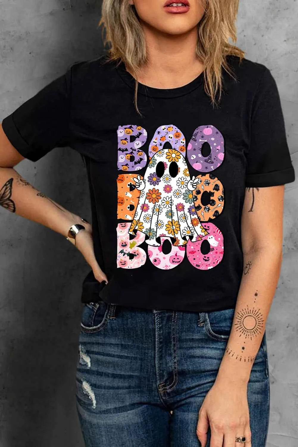 BOO Ghost Graphic Round Neck Short Sleeve T-Shirt - Lojy Shop