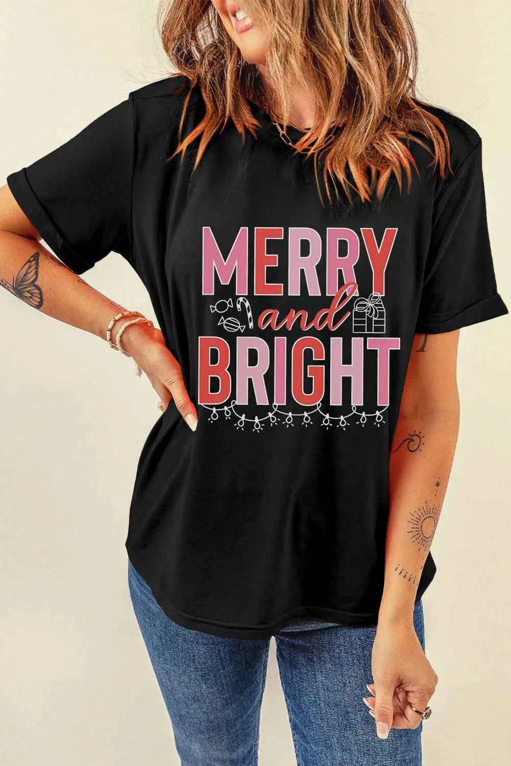 MERRY AND BRIGHT Round Neck Short Sleeve T-Shirt - Lojy Shop
