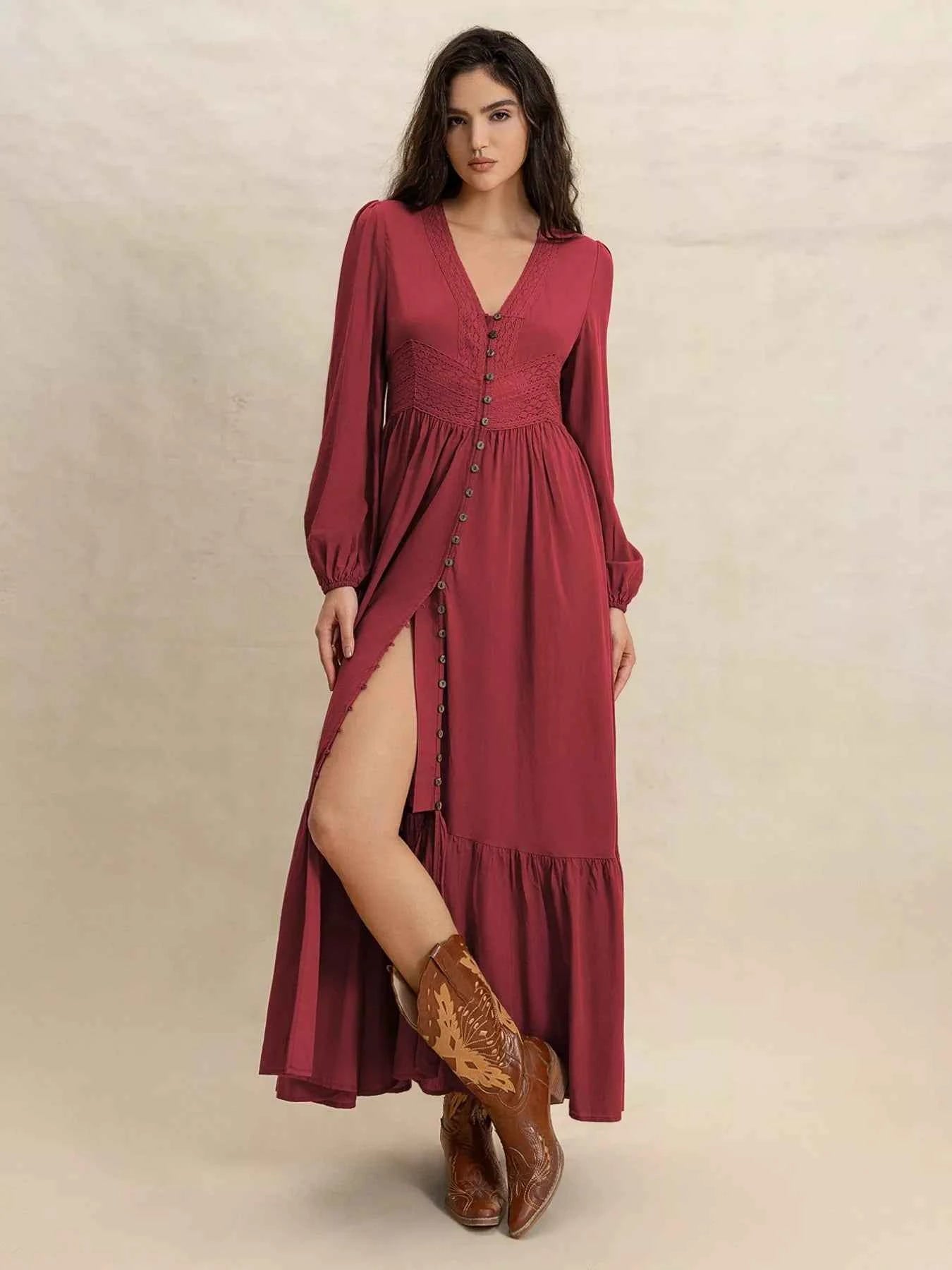 Plus Size V-Neck Balloon Sleeve Maxi Dress