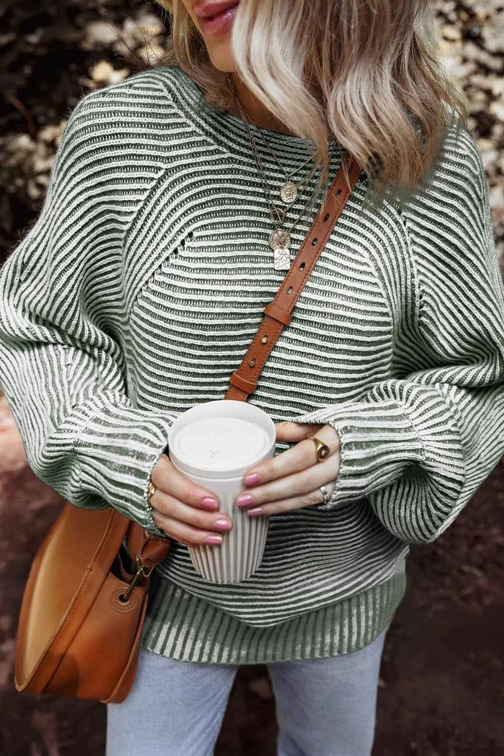 Textured Striped Round Neck Long Sleeve Top - Lojy Shop