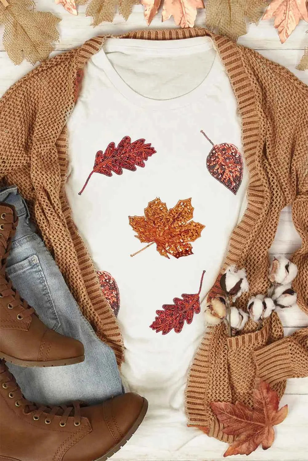 Maple Leaf Round Neck Short Sleeve T-Shirt - Lojy Shop