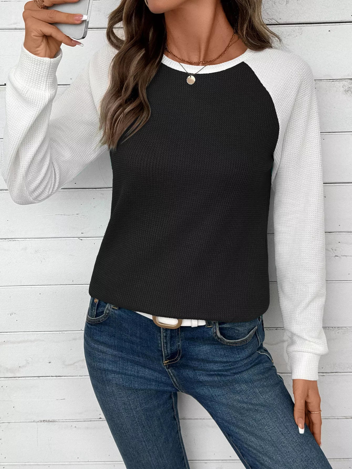 Contrast Raglan Sleeve Waffle Knit T-Shirt