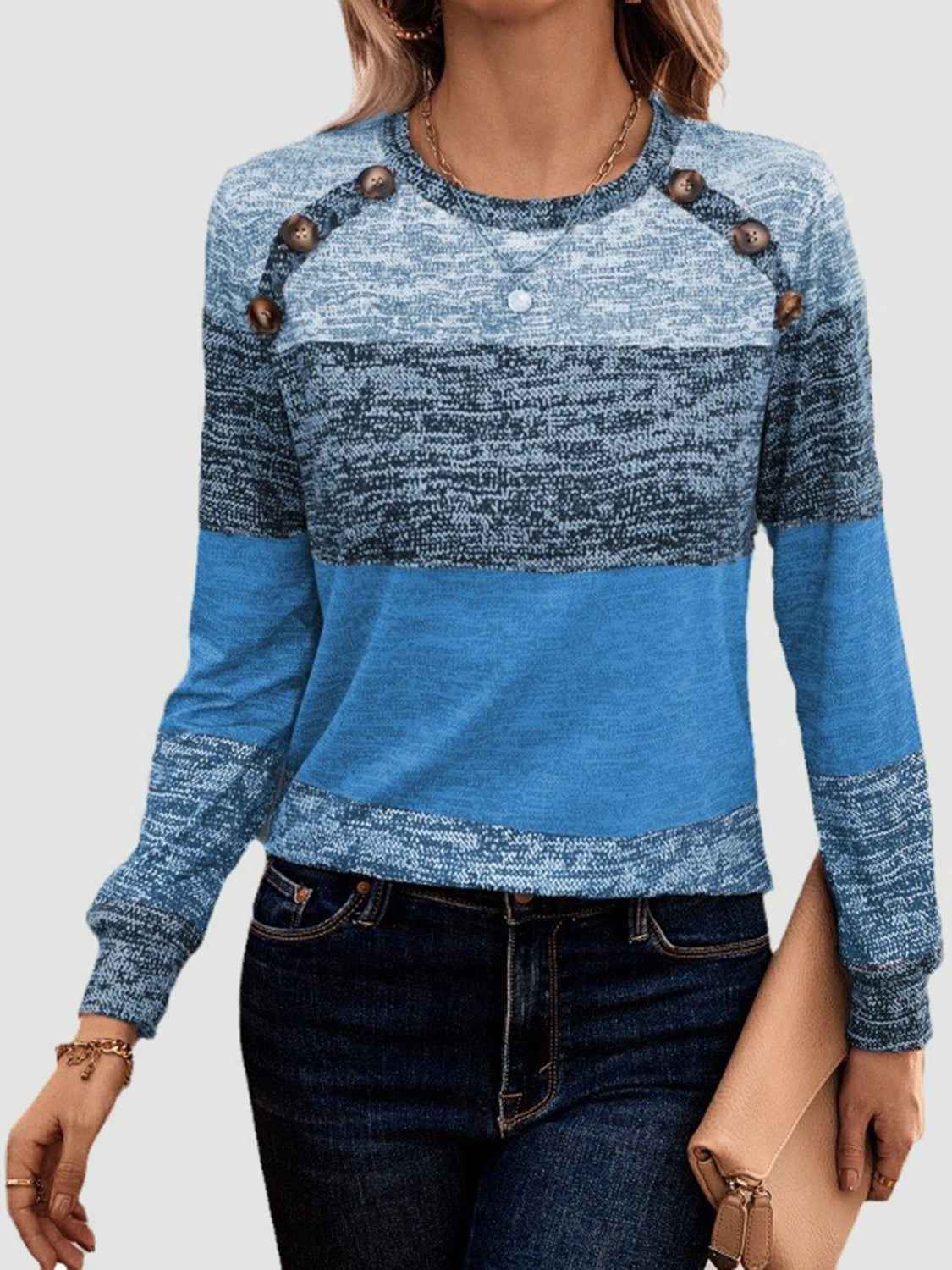 Decorative Button Contrast Round Neck Long Sleeve T-Shirt - Lojy Shop