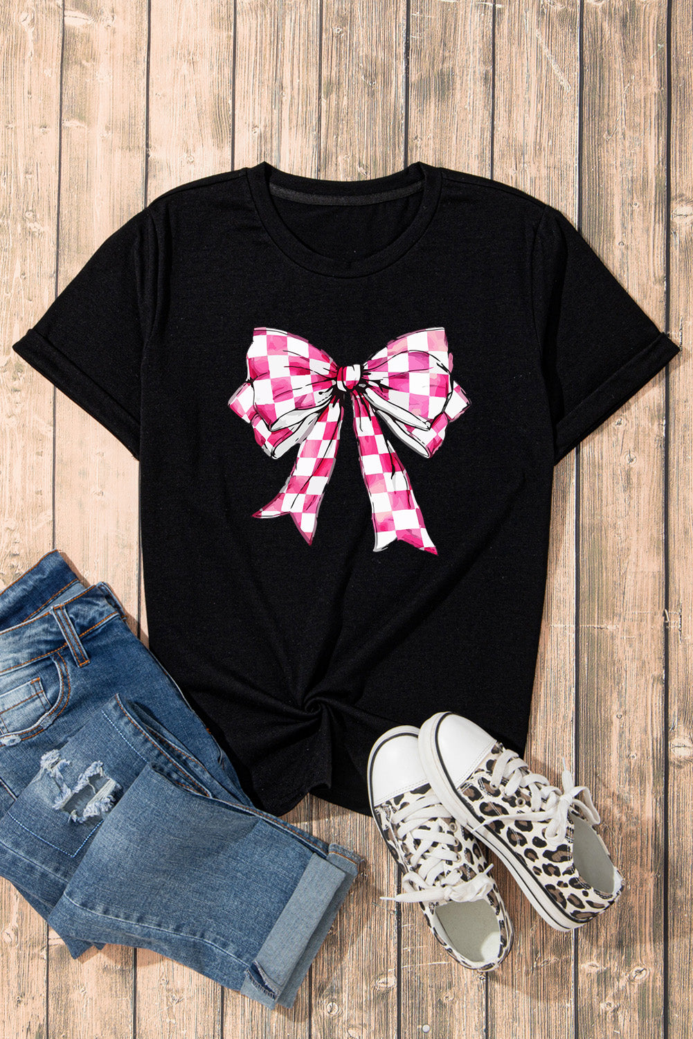 Bow Graphic Round Neck Short Sleeve T-Shirt - Lojy Shop