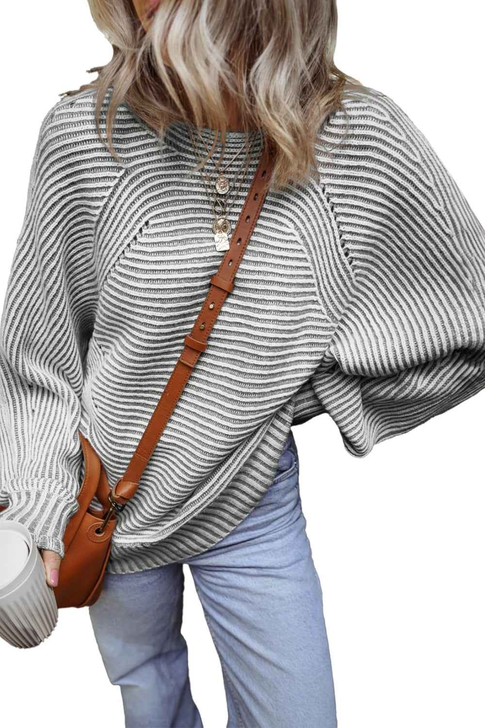 Textured Striped Round Neck Long Sleeve Top - Lojy Shop