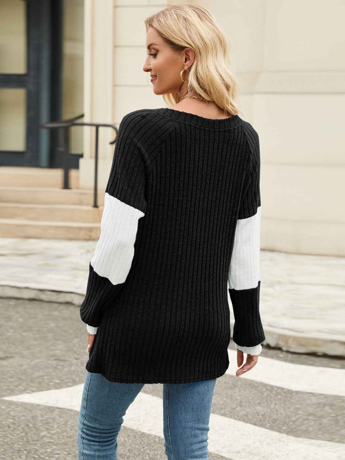 Color Block V-Neck Long Sleeve T-Shirt - Lojy Shop