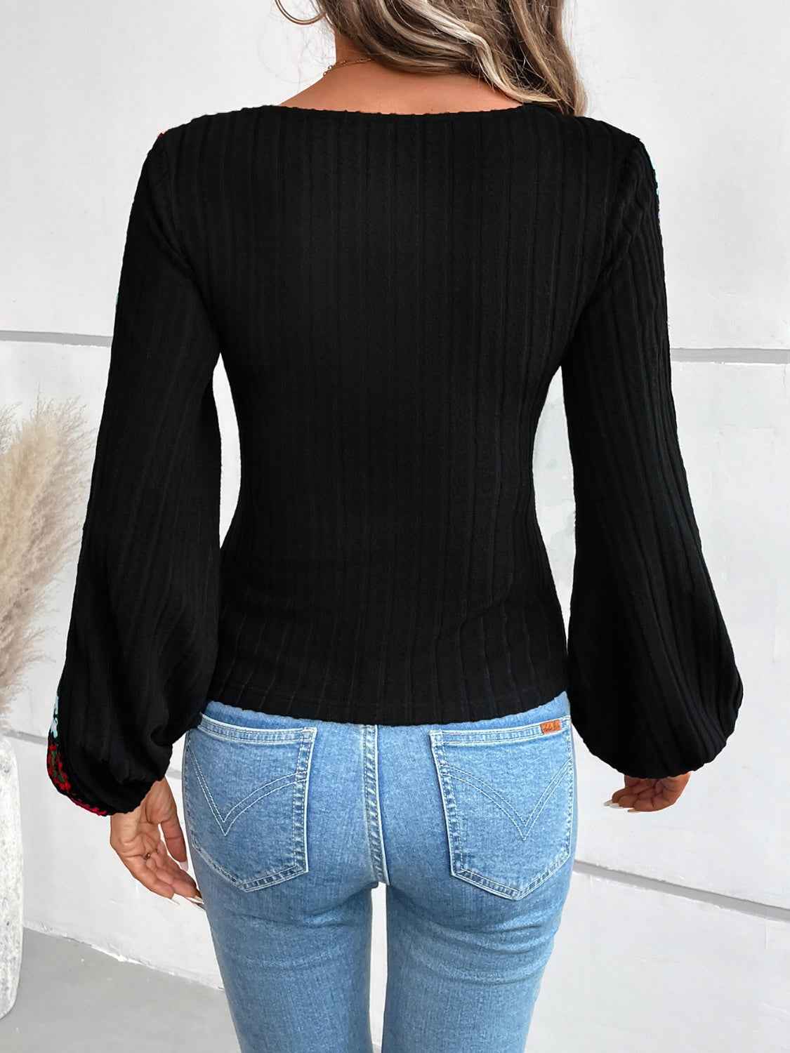 V-Neck Crochet Long Sleeve Top - Lojy Shop