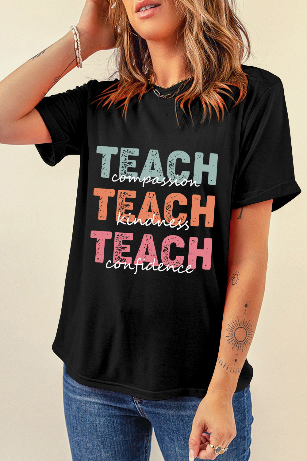 Letter Graphic Round Neck Short Sleeve T-Shirt - Lojy Shop