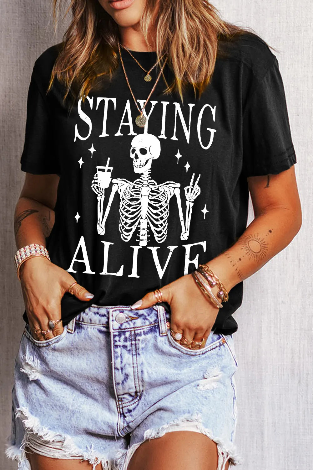 Graphic Round Neck Short Sleeve T-Shirt - Lojy Shop