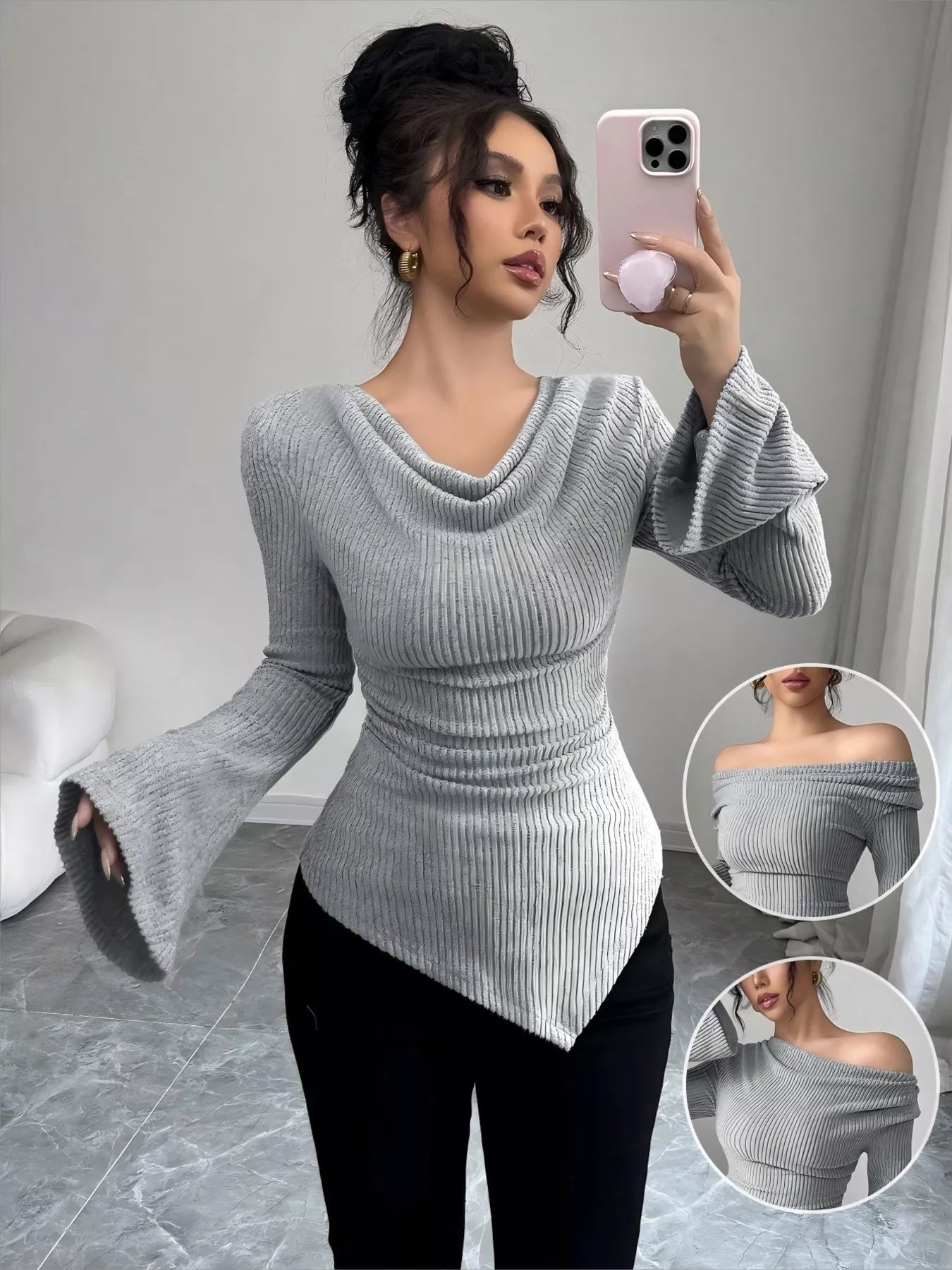 Cowl Neck Flare Sleeve Top