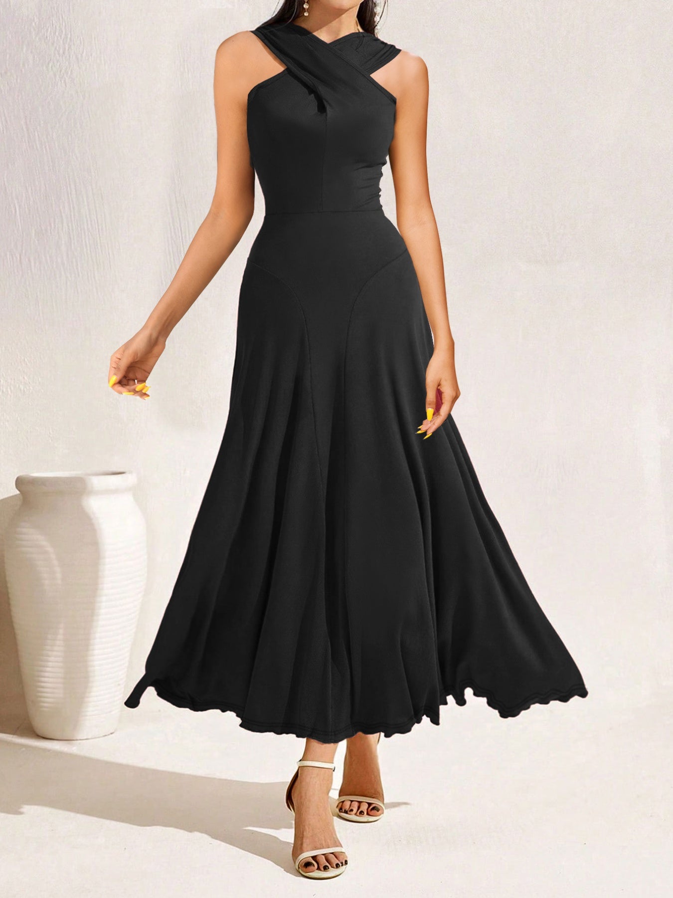 Crisscross Halter Neck A-Line Midi Dress
