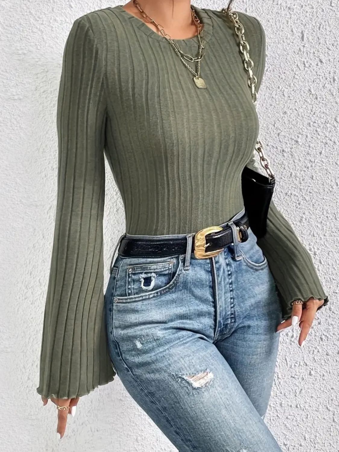 Ribbed Round Neck Flare Sleeve T-Shirt - Lojy Shop