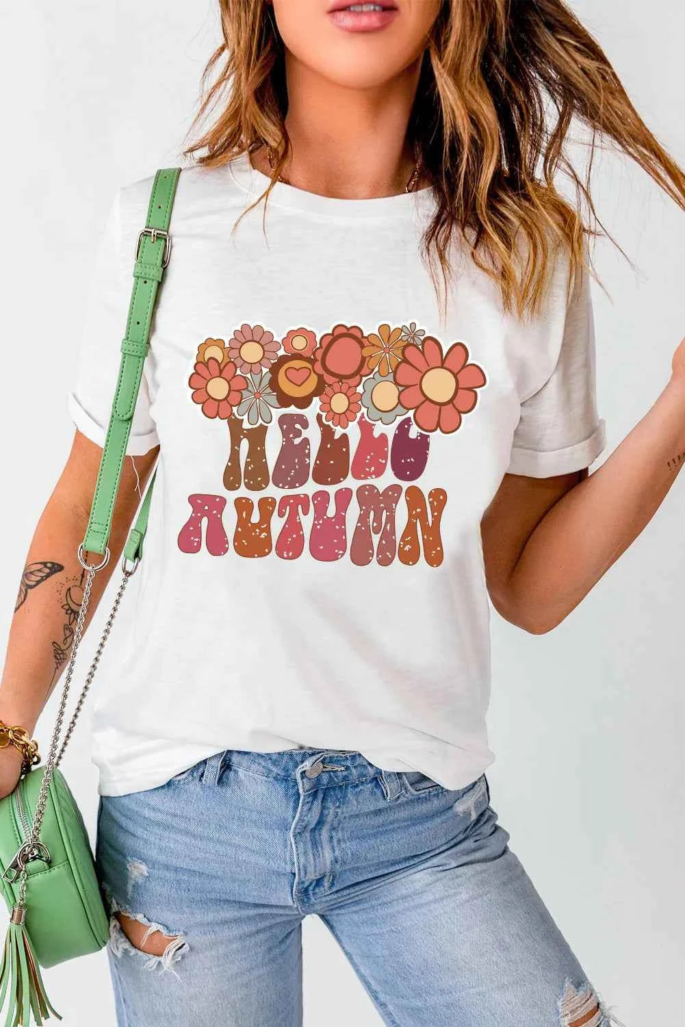 Flower & Letter Graphic Round Neck Short Sleeve T-Shirt - Lojy Shop