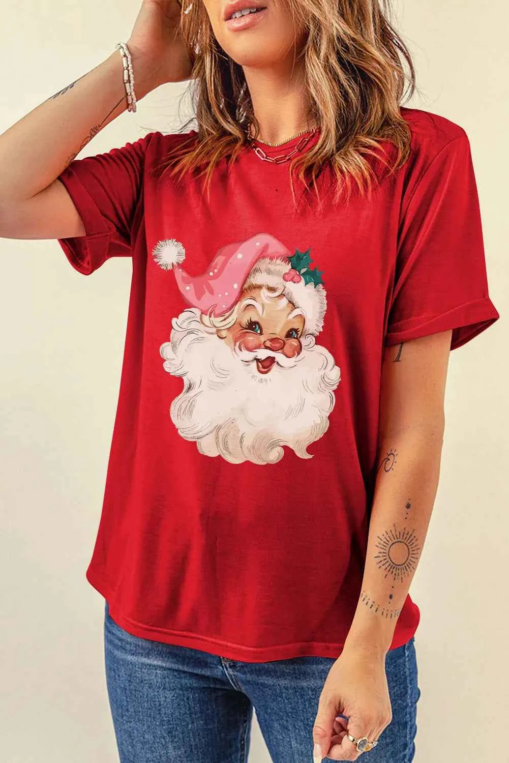Santa Round Neck Short Sleeve T-Shirt - Lojy Shop
