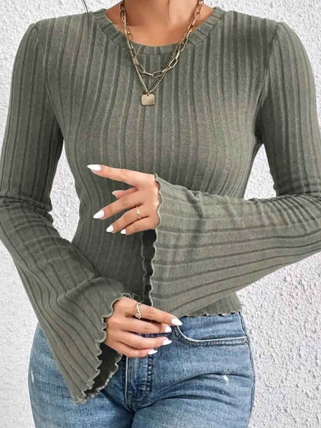 Ribbed Round Neck Flare Sleeve T-Shirt - Lojy Shop