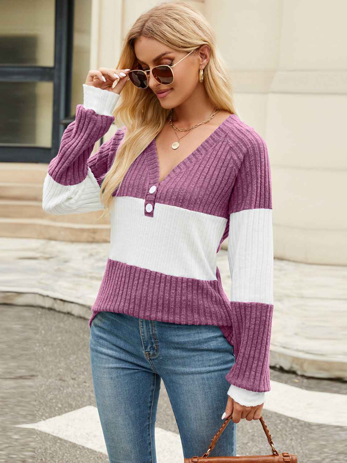 Color Block V-Neck Long Sleeve T-Shirt - Lojy Shop