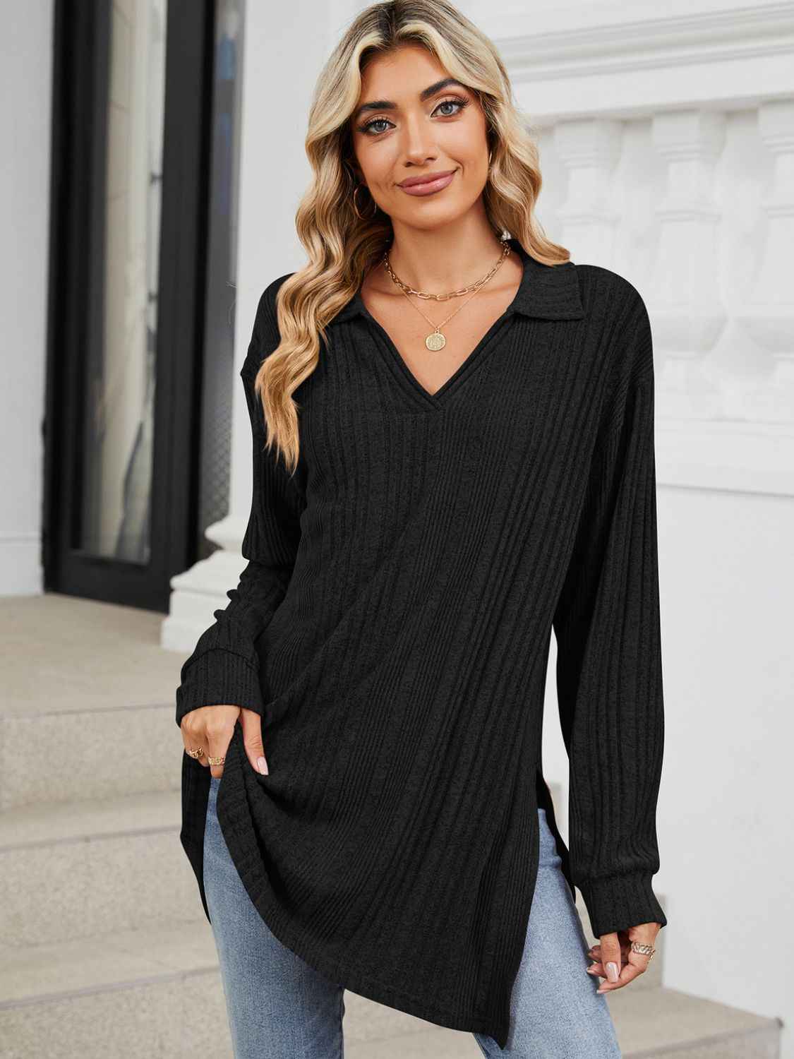 Slit Johnny Collar Long Sleeve T-Shirt - Lojy Shop