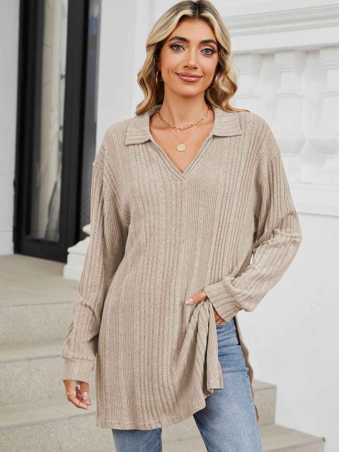 Slit Johnny Collar Long Sleeve T-Shirt - Lojy Shop