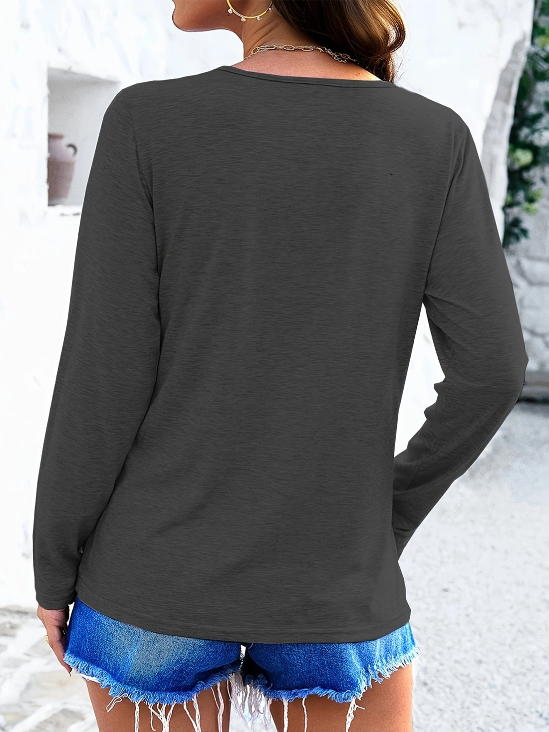 Crisscross V-Neck Long Sleeve T-Shirt - Lojy Shop