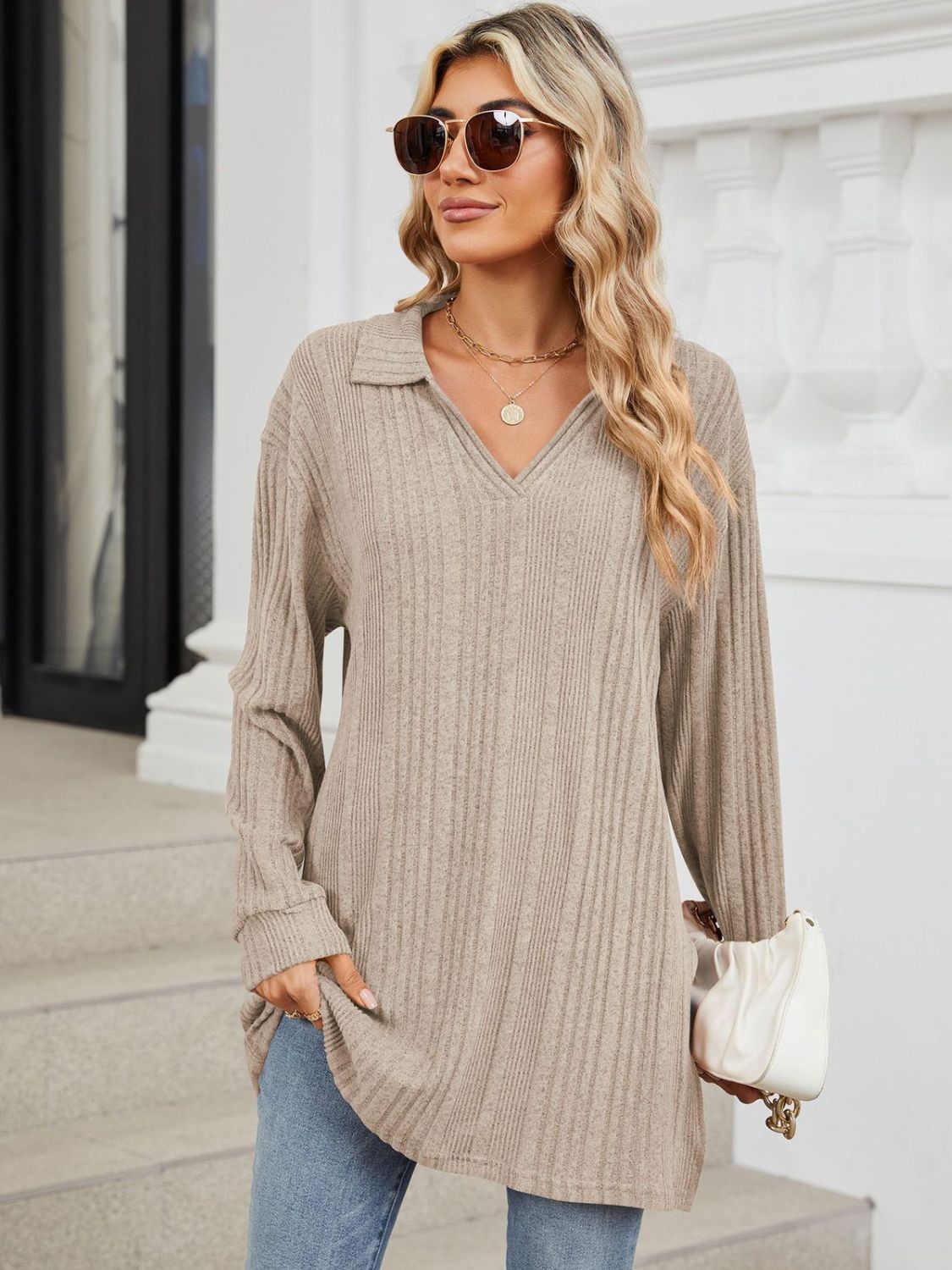 Slit Johnny Collar Long Sleeve T-Shirt - Lojy Shop