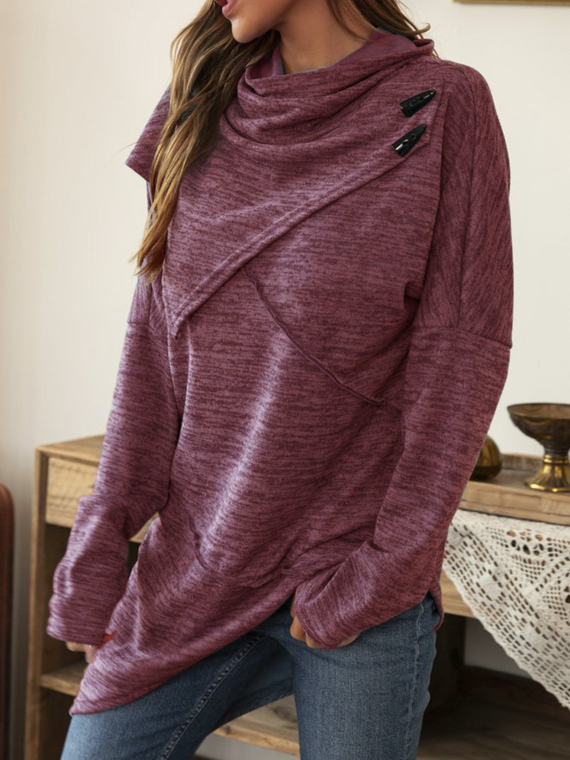 Asymmetrical Hem Cowl Neck Long Sleeve T-Shirt - Lojy Shop