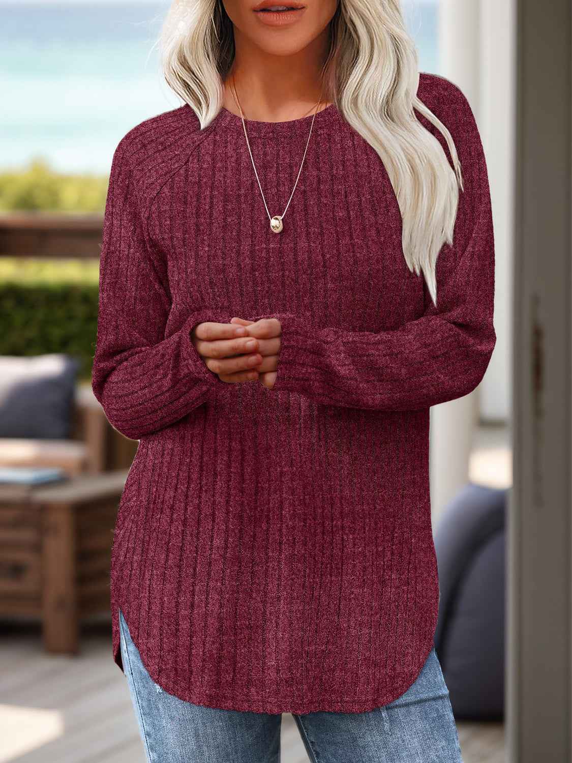 Round Neck Raglan Sleeve T-Shirt - Lojy Shop
