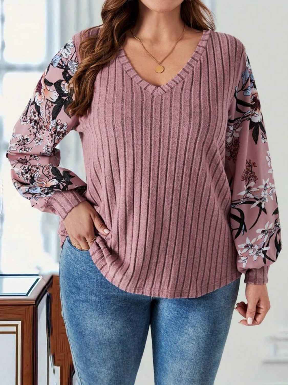 Plus Size Printed V-Neck Long Sleeve T-Shirt - Lojy Shop