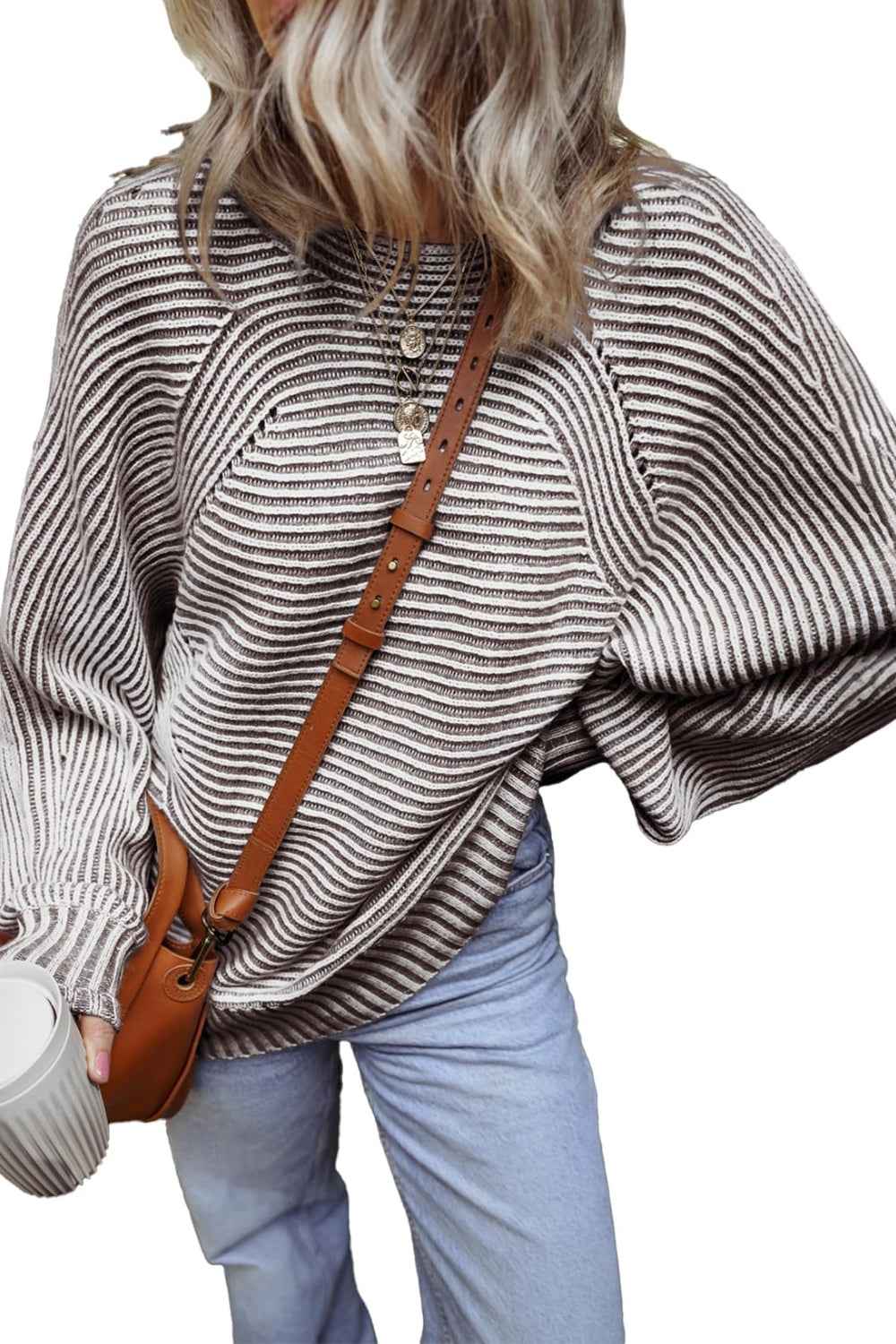 Textured Striped Round Neck Long Sleeve Top - Lojy Shop