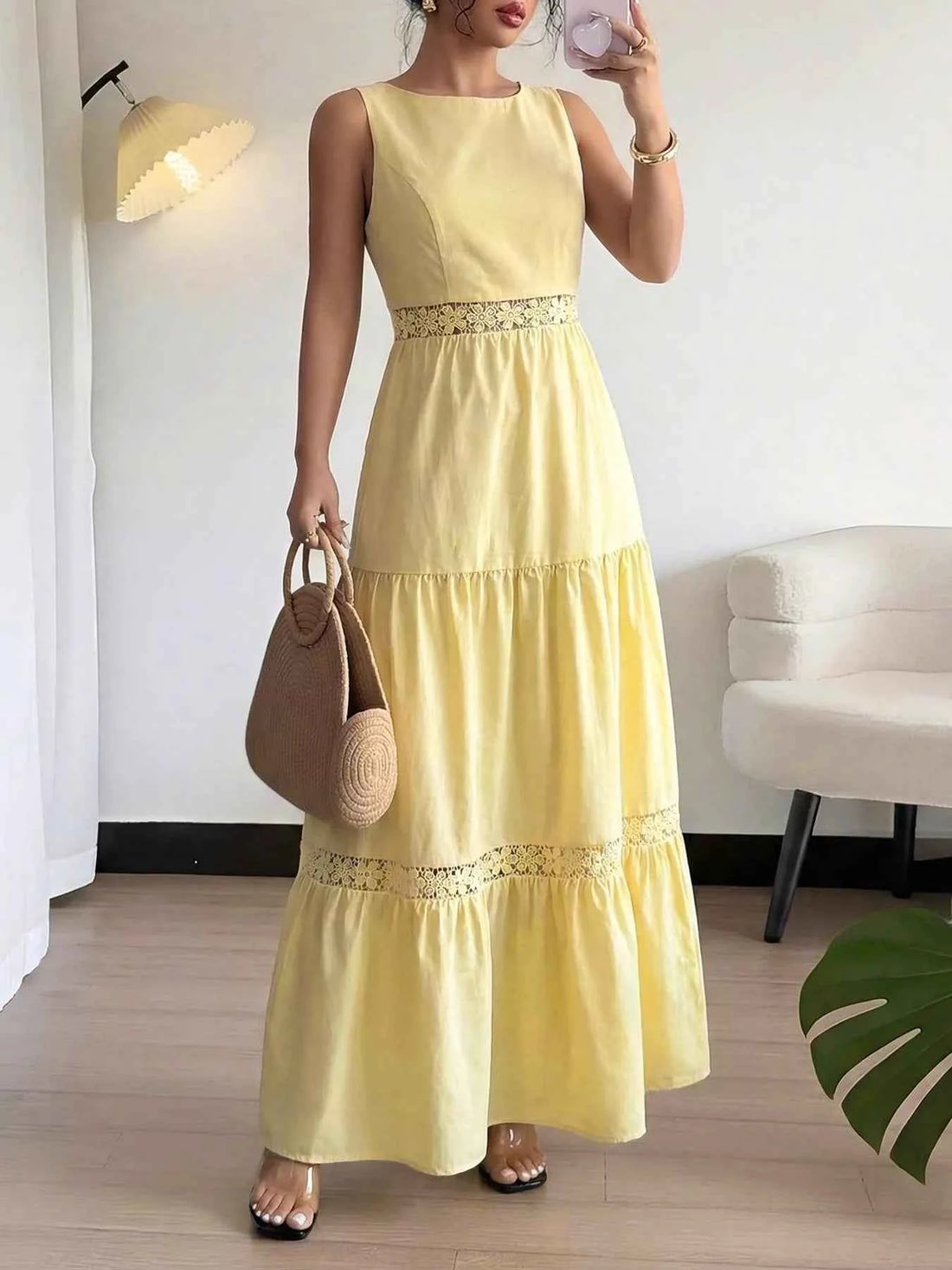 Lace Trim Sleeveless Tiered Maxi Dress
