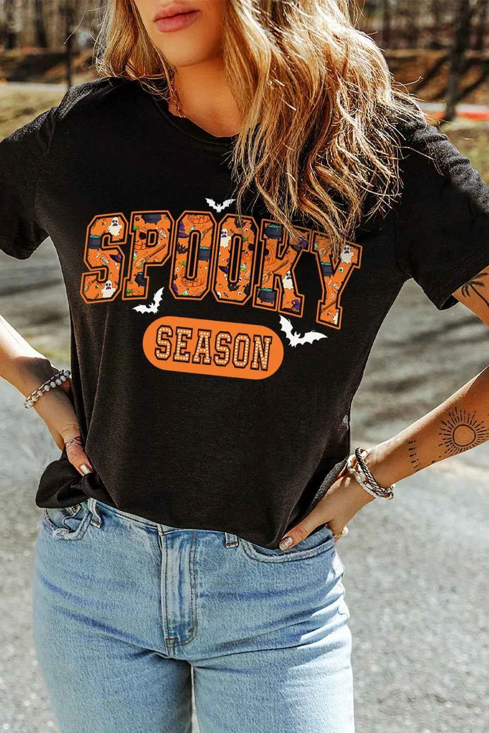 SPOOKY SEASON Round Neck Short Sleeve T-Shirt - Lojy Shop
