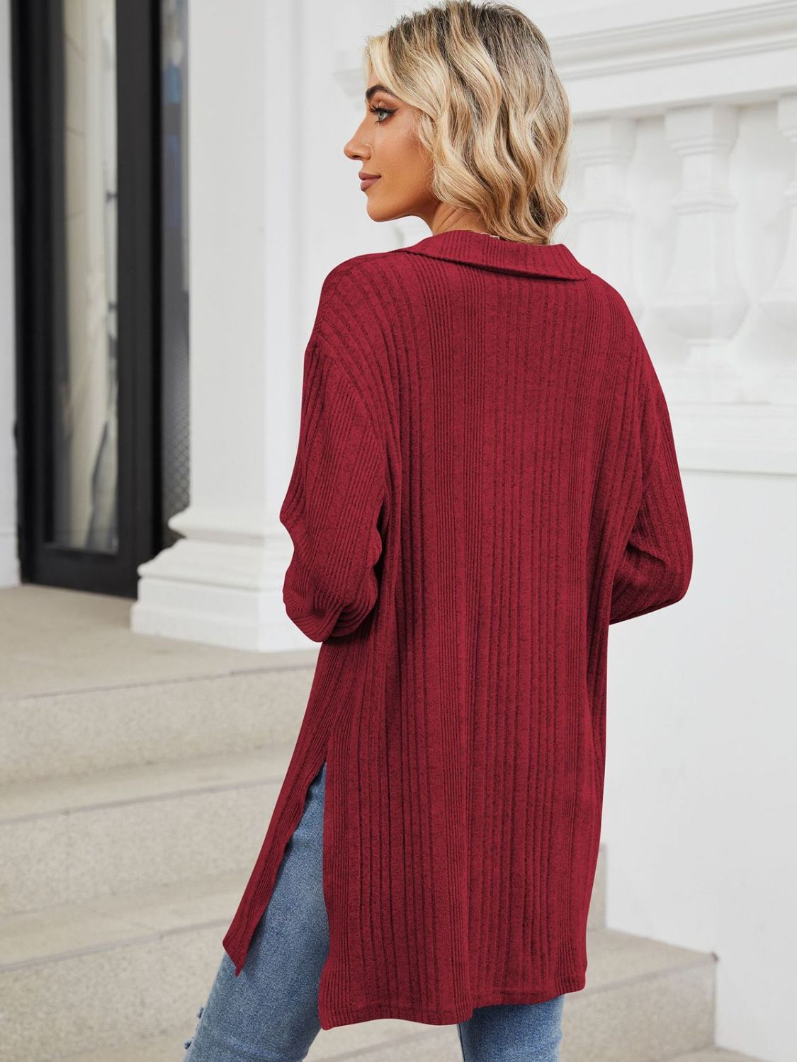 Slit Johnny Collar Long Sleeve T-Shirt - Lojy Shop