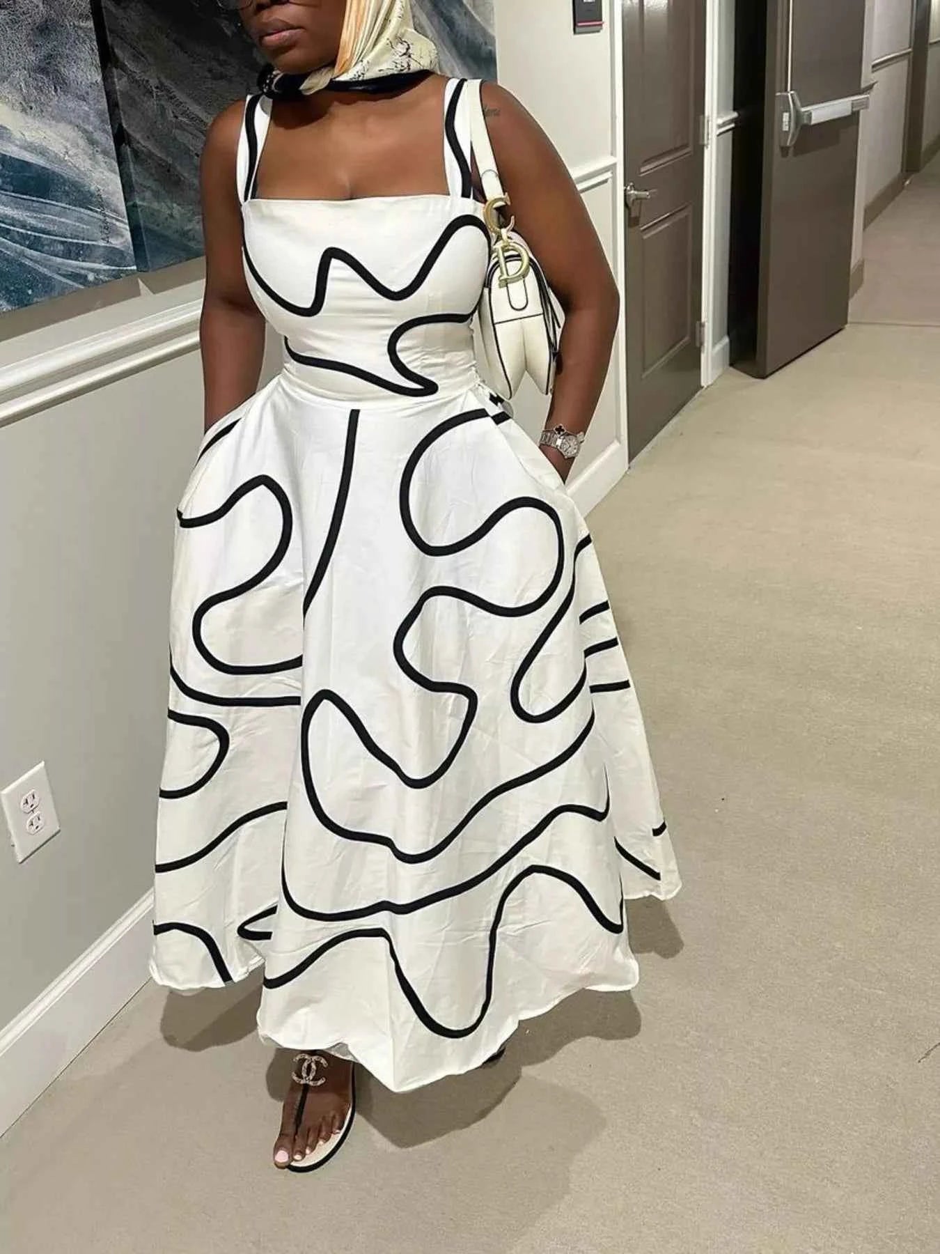 Abstract Print Square Neck Midi Dress