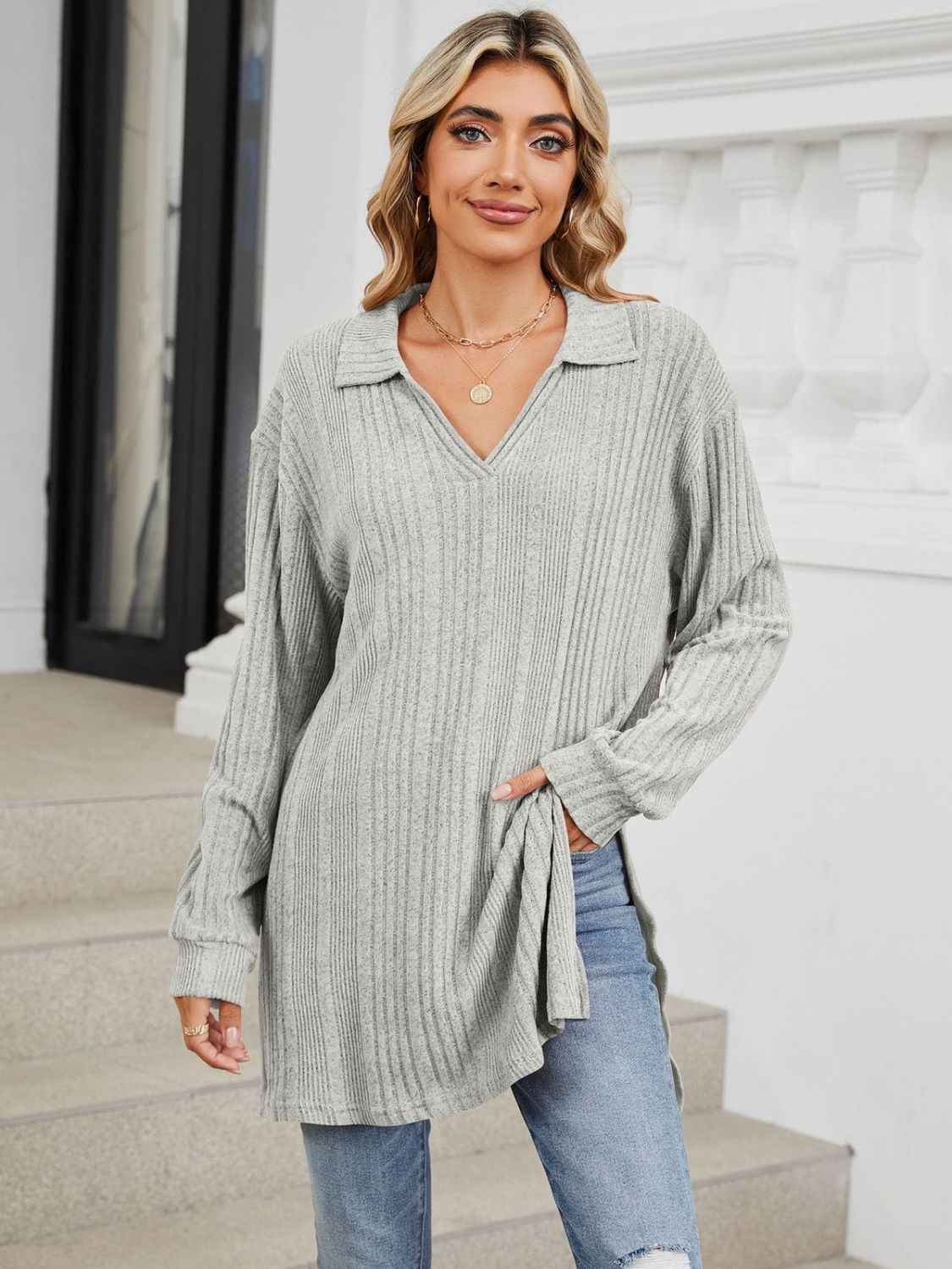 Slit Johnny Collar Long Sleeve T-Shirt - Lojy Shop