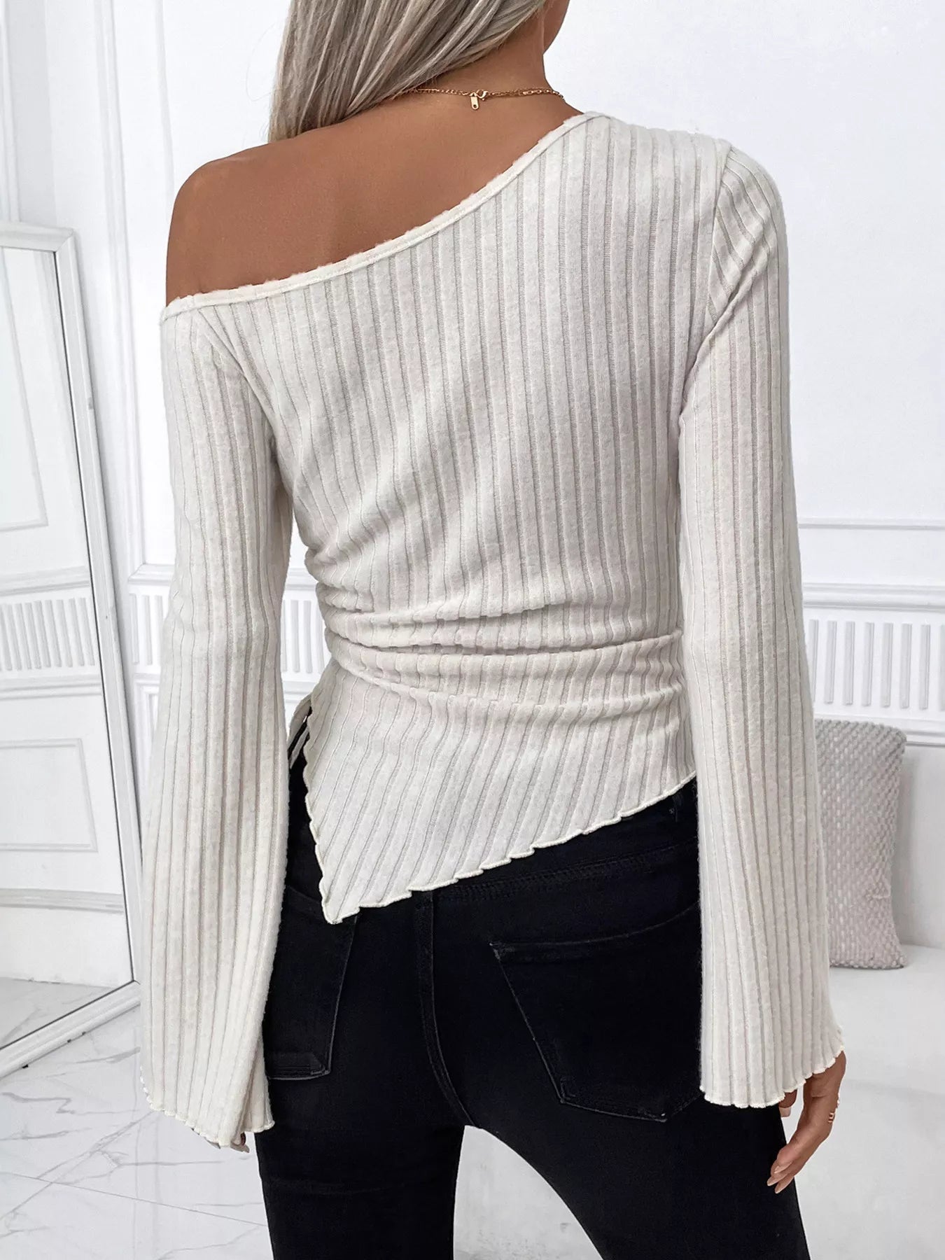 Ribbed One Shoulder Asymmetrical Hem T-Shirt