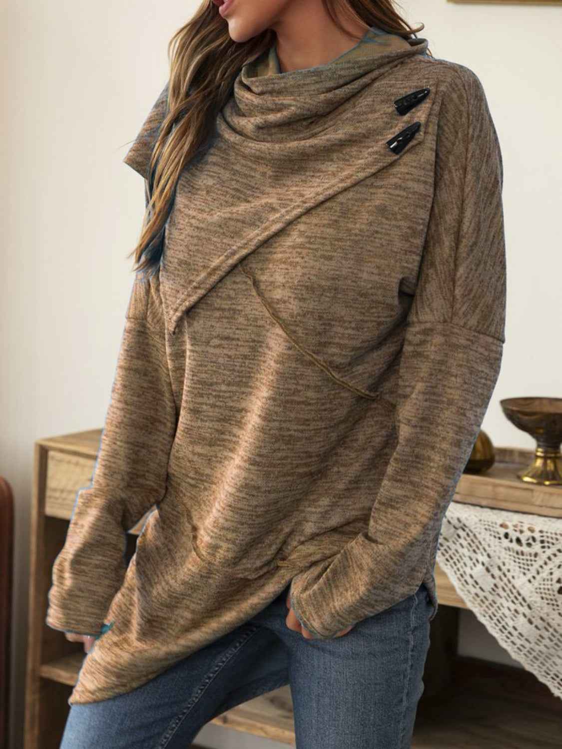 Asymmetrical Hem Cowl Neck Long Sleeve T-Shirt - Lojy Shop