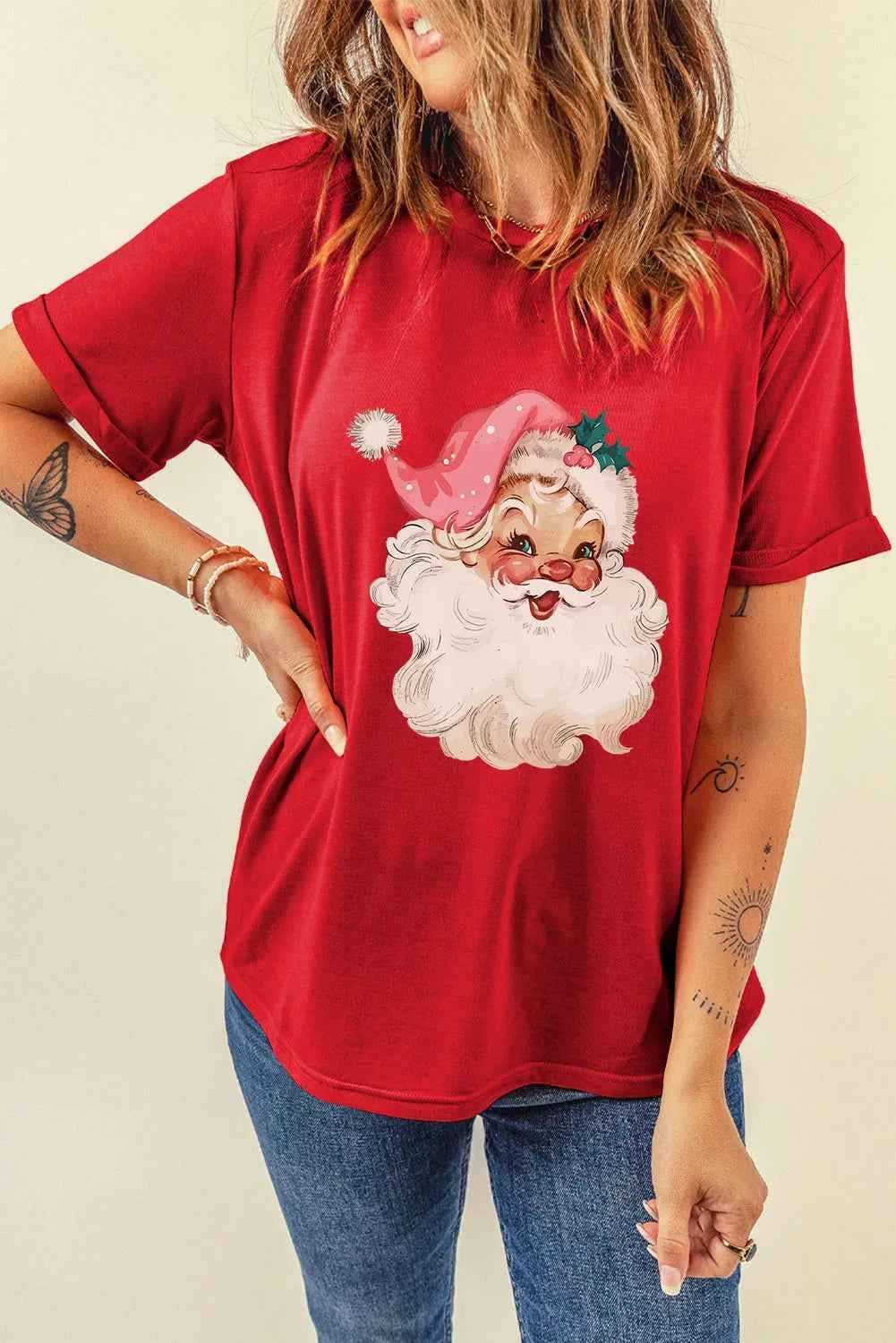 Santa Round Neck Short Sleeve T-Shirt - Lojy Shop