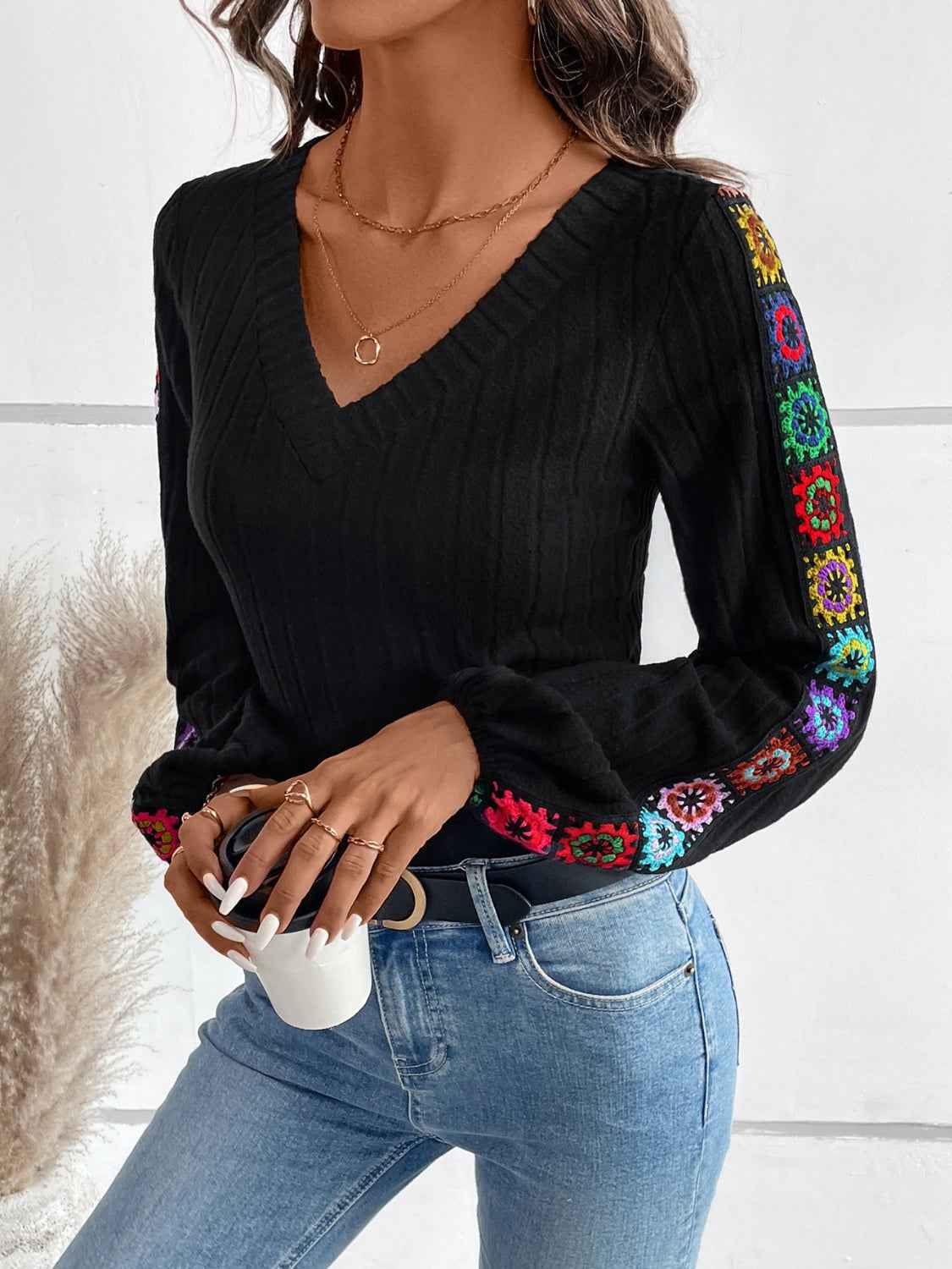 V-Neck Crochet Long Sleeve Top - Lojy Shop