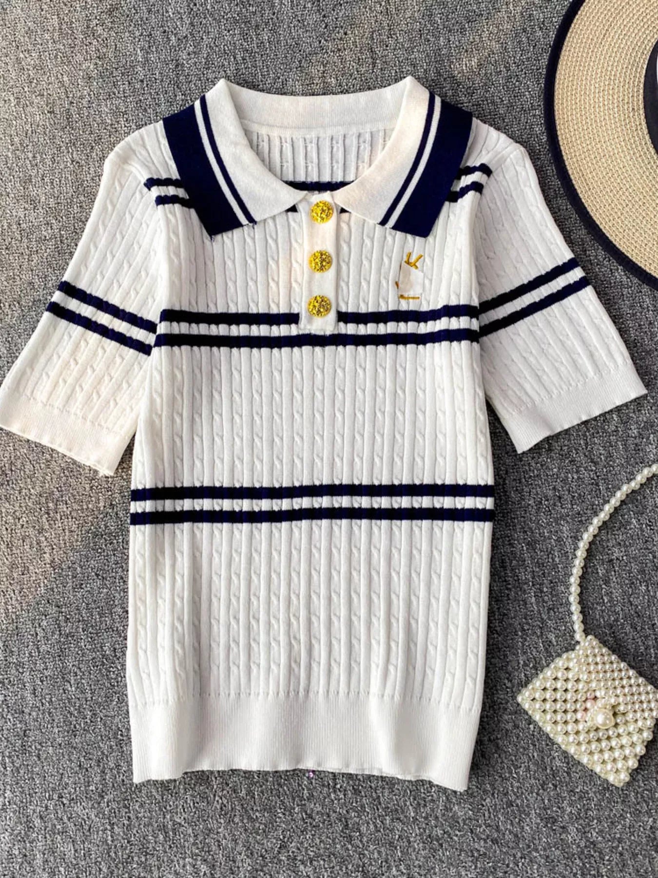 Striped Knit Polo Collar Top