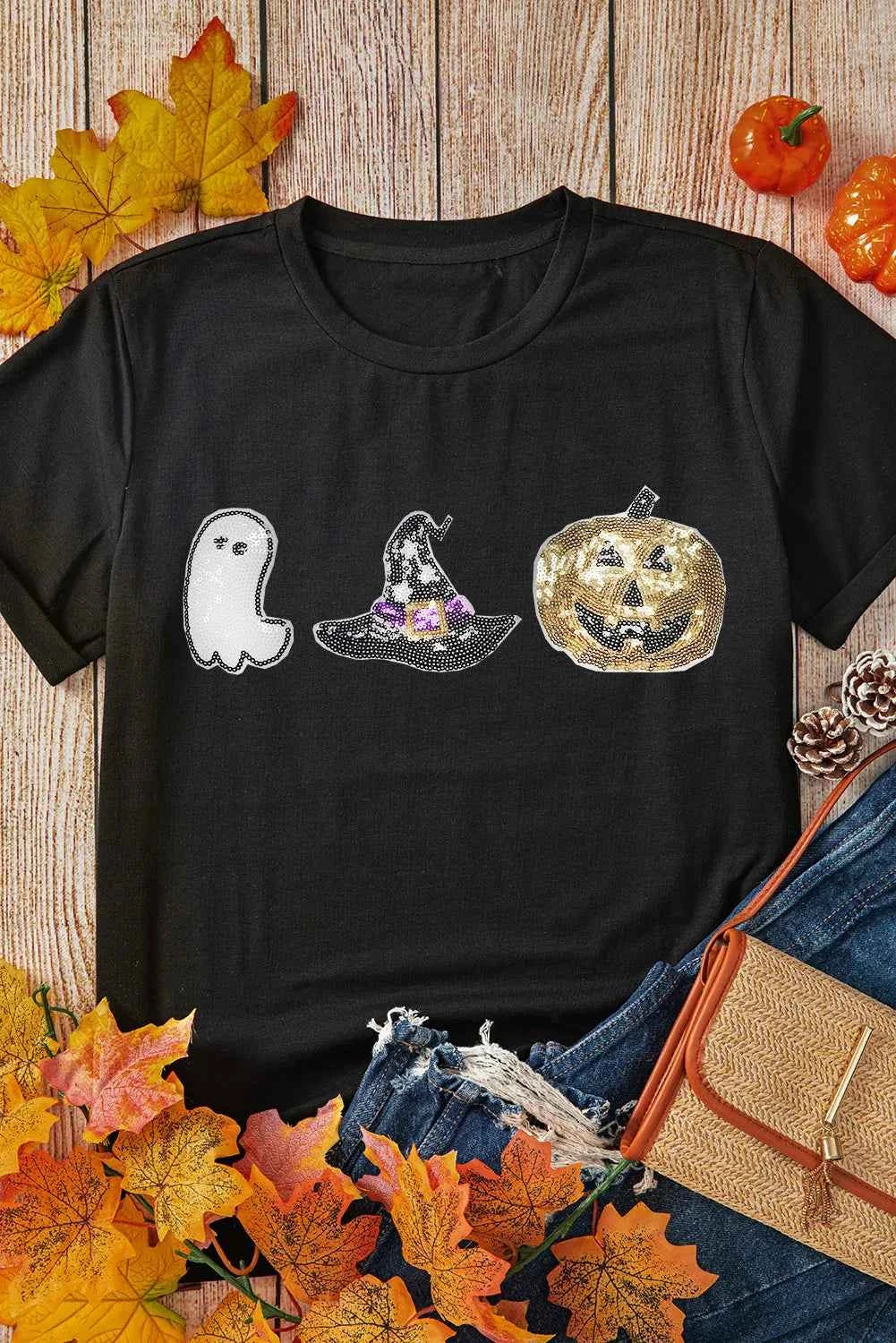Sequin Round Neck Short Sleeve T-Shirt - Lojy Shop