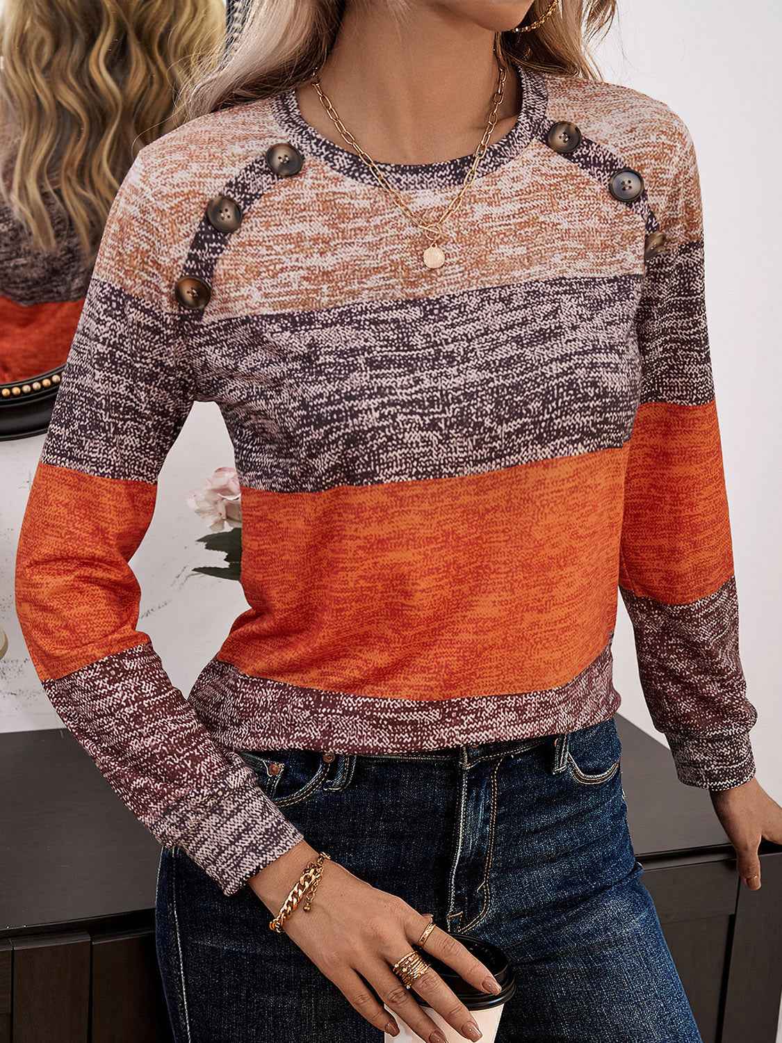 Decorative Button Contrast Round Neck Long Sleeve T-Shirt - Lojy Shop