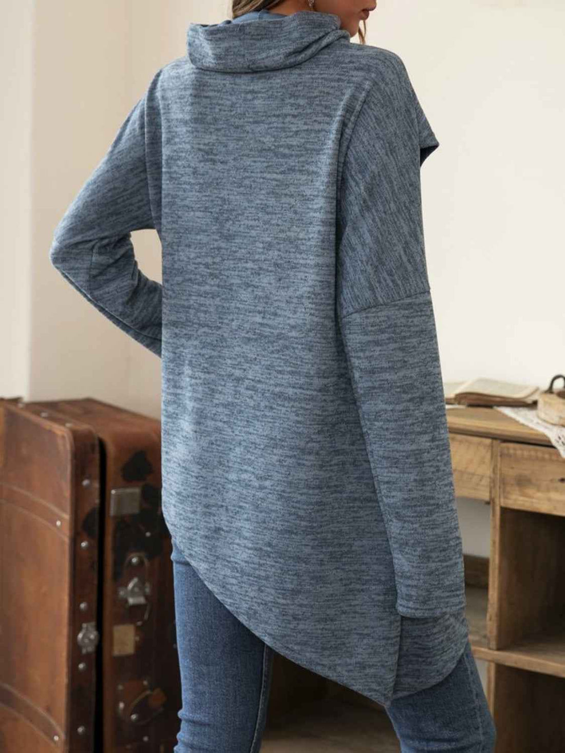 Asymmetrical Hem Cowl Neck Long Sleeve T-Shirt - Lojy Shop
