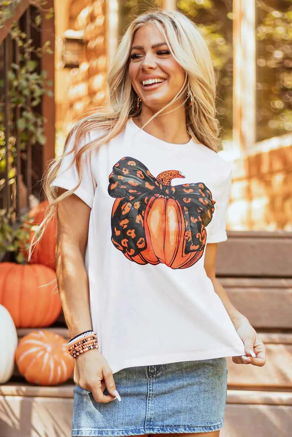 Pumpkin Round Neck Short Sleeve T-Shirt - Lojy Shop