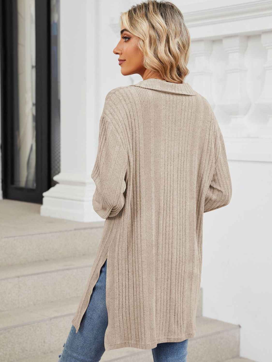 Slit Johnny Collar Long Sleeve T-Shirt - Lojy Shop