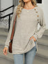 Round Neck Side Slit Ribbed Knit Top with Asymmetric Button Detail