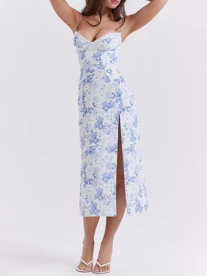 Floral Print Lace Trim Slit Midi Dress