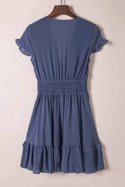 Bow-Tie V-Neck Ruffle Hem Mini Dress