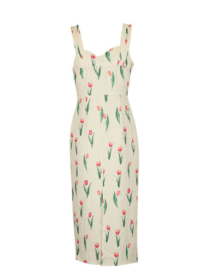 Tulip Print Twist Front Slit Cami Dress